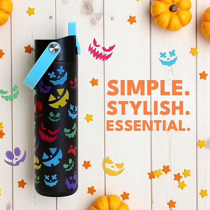 Elemental 24oz Insulated Water Bottle with Straw - 100% Leak-Proof Stainless Steel Core Water Bottles for Travel, Sports and Gym - Double Wall Insulation & BPA Free - Pumpkin Grins