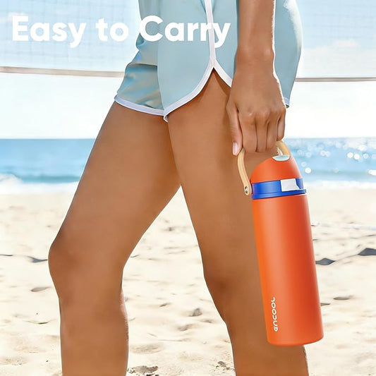 Insulated Water Bottle with Straw - Encool Stainless Steel Water Bottle with Push Button Lid, Leak-Proof & BPA-Free, Keeps Cold for 24 Hours for Sports, Travel, Gym (24 oz, Salmon)