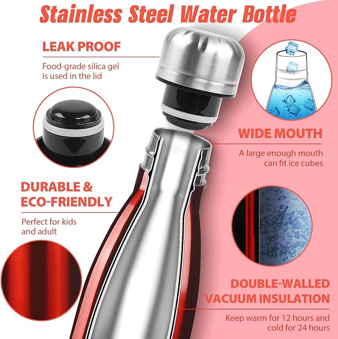 Sfee Insulated Water Bottle, 17 oz Stainless Steel Water Bottles, Double Wall Vacuum Reusable Water Bottles Leak Proof BPA-FREE Sports Bottle Cup Keep Hot&Cold for Running Gym Workout Cycling Kids