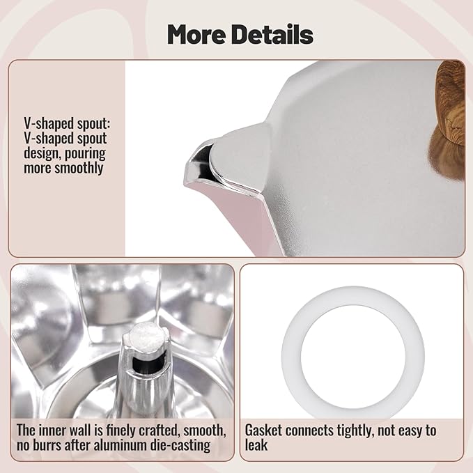 Vaolvpant 6 Cup Aluminum Moka Pot Classic Stovetop Espresso Coffee Maker 300ml 10oz Coffeemaker Percolator Mocha Pot Greca Coffee Maker Cafe Makers for Italian and Cuban Café Brewing Pink