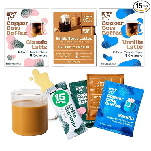 Copper Cow Vietnamese Coffee Variety Pack (15 Coffees & 15 Creamers)| Classic, Vanilla, & Salted Caramel Latte | Pour Over Single-Serve Lattes, No Refrigeration Needed, Travel Friendly Ground Coffee