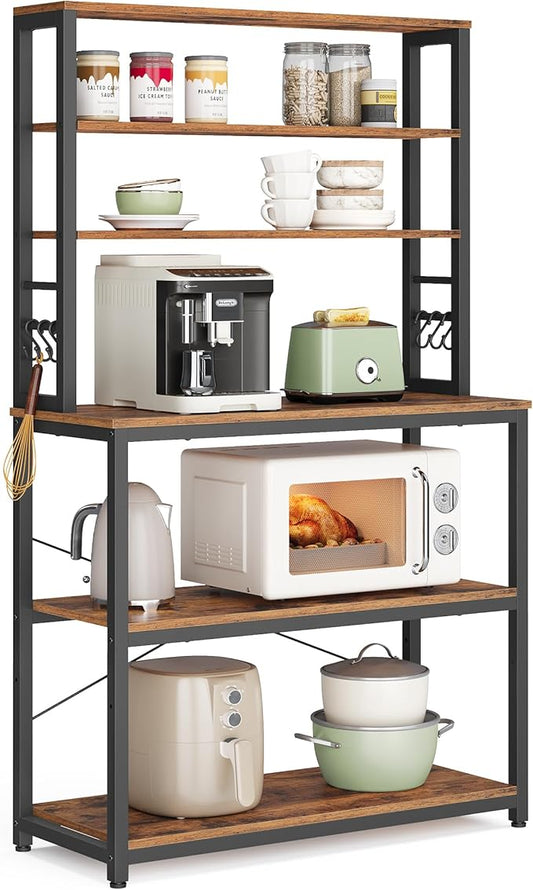 VASAGLE Coffee Bar, 31.5 Inches Baker's Rack for Kitchen with Storage, 6-Tier Kitchen Shelves with 6 Hooks, Microwave Stand, Industrial, Rustic Brown and Ink Black UKKS019B01