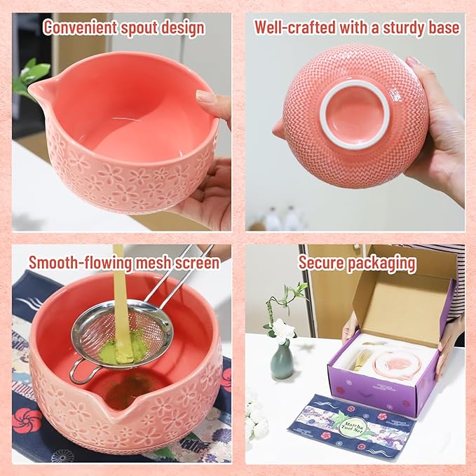 Matcha Whisk Set, 7Pcs Pink Matcha Kit for Ceremony, Handcrafted Gifts for Women, Traditional Ceramic Matcha Bowl with Spout, Bamboo Whisk and Holder, Tea Set for Matcha Lovers, Gift for Christmas