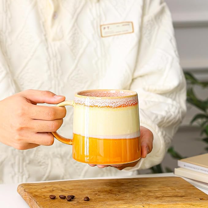 Mkour 20oz Large Ceramic Coffee Mugs, Handmade Cup, Big Tea Cups with Large Handle for Office and Home, Microwave and Dishwasher Safe (Orange)