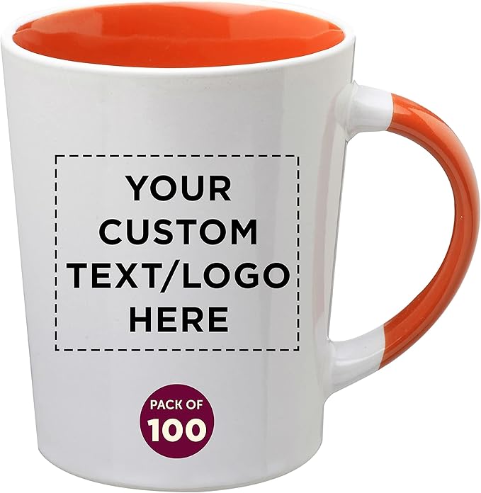 Custom Ceramic Latte Coffee Mugs by Albany 13 oz. Set of 100, Personalized Bulk Pack - Perfect for Coffee, Tea, Espresso, Hot Cocoa, Other Beverages - Orange