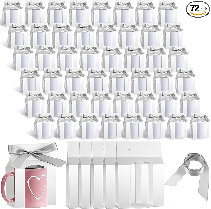 Kosiz 72 Pcs Mug Boxes Sublimation Coffee Mugs Gift Bags with Window Packaging Storage Box for Shipping Selling Wedding Valentines Gift Packaging Wrapping (for 15oz Mug,White,Silver)