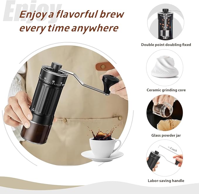 EZLucky Manual Coffee Grinder with 40 External Adjustments, 30g Capacity Hand-Crank Bean Mill, Compact Conical Burr Grinder for Espresso, Pour Over, French Press, Travel/Camping/Office