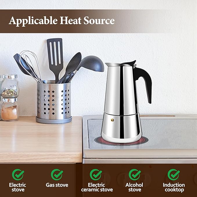 2 Cup Moka Pot Percolator Italian Coffee Maker 100ml Stovetop Espresso Mocha Stainless Steel Greca Coffee Maker Classic Cafe Makers Suitable for Induction Cookers Ceramic Stoves Straight
