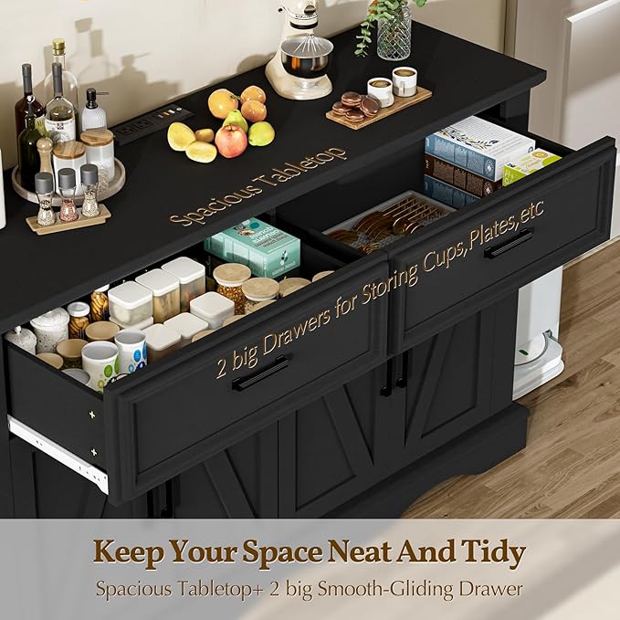 56" Large Wooden Buffet Cabinet with Storage, Modern Coffee Bar and Wine Bar, Wave Base Design, Multi-Purpose Buffet Table with Charging Station for Dining Room, Kitchen or Living Room, Black