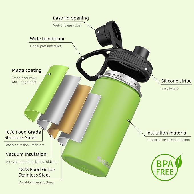 SASEUM Kids Sport Water Bottle 12oz Stainless Steel Double Wall Vacuum Thermal Mug with Leak Proof Spout Lids, Wide Mouth Metal Insulated Water Jug for Gym and Travel（Apple Green）