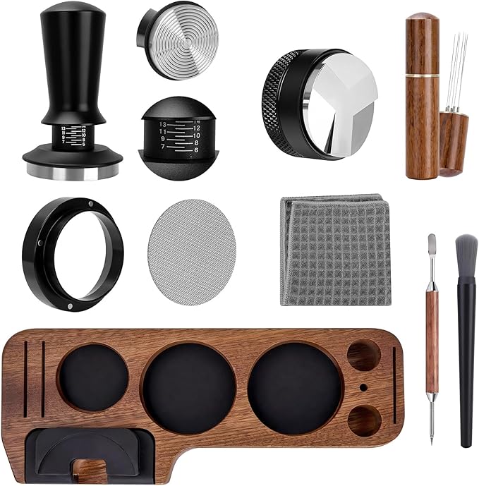 9 Pack Espresso Tamper Station&Coffee Distributor Tamper&Espresso WDT Stirrer&Coffee Tamping&Brush&Coffee Dosing Funnel&Espresso Puck Screen, Latte Art pen and Towel (58 mm)