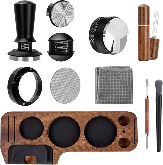 9 Pack Espresso Tamper Station&Coffee Distributor Tamper&Espresso WDT Stirrer&Coffee Tamping&Brush&Coffee Dosing Funnel&Espresso Puck Screen, Latte Art pen and Towel (51 mm)