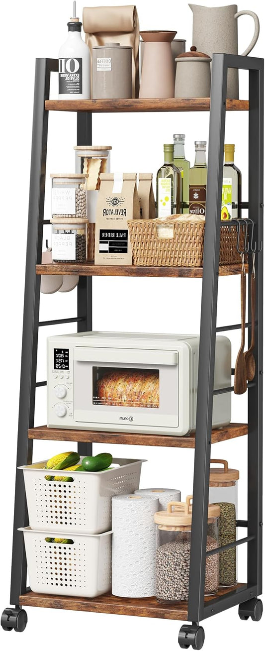Homeiju 4 Tier Kitchen Storage Cart with Lockable Wheels & 6 Hooks, Mobile Utility Organizer Rolling Cart for Small Spaces, Bar Cart for Kitchen and Living Room, Rustic Brown