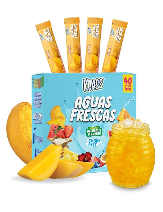 Klass Aguas Frescas, Powdered Drink Mix, 40 Singles Zero Sugar & Caffeine-Free Powder Packets, Water Drink Mix, Flavor: Mango - 5 Calories Per Packet & Natural Flavors