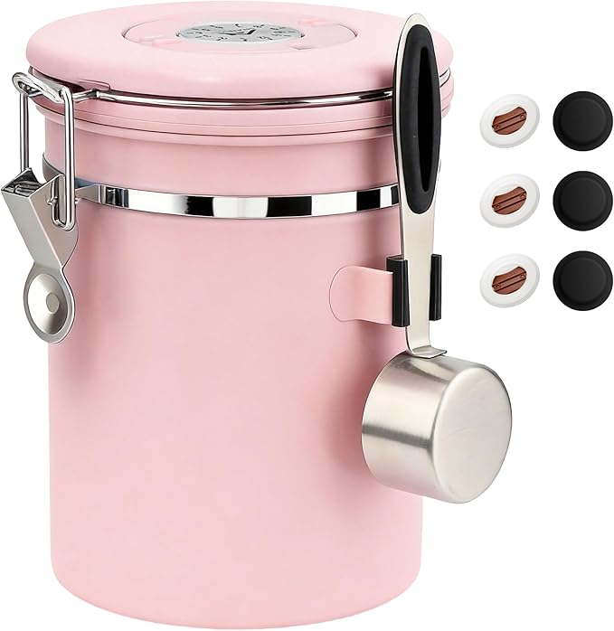 ShanSon Coffee Canister Airtight Coffee Container Stainless Steel Coffee Bean Storage Container with Scoop Coffee Canister for Beans Grounds Sugar Flour Tea Cereal,22OZ, Pink Upgraded Version