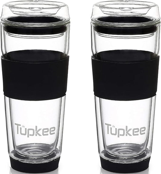 Tupkee Double Wall All Glass Tumbler - 14-Ounce, Reusable Insulated Tea/Coffee Mug & Lid, Hand Blown Glass Travel Mug - Black - 2 Pack