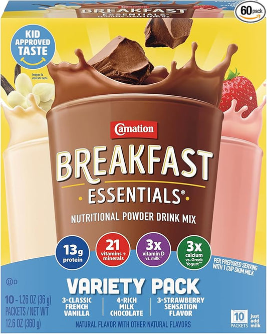 Nestle Carnation Breakfast Essentials Complete Nutritional Drink Rich Milk Chocolate/Classic French Vanilla/Strawberry Sensation Flavor 60 Ct