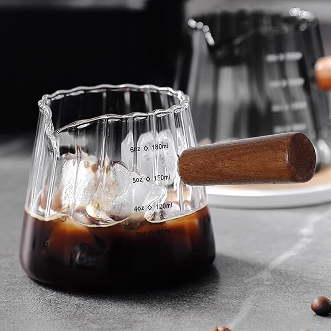 6oz Glass Espresso Cups with Spout, Espresso Accessories, Espresso Shot Glass with V-Shaped Mouth, Ribbed Milk Frothing Pitcher (Clear)
