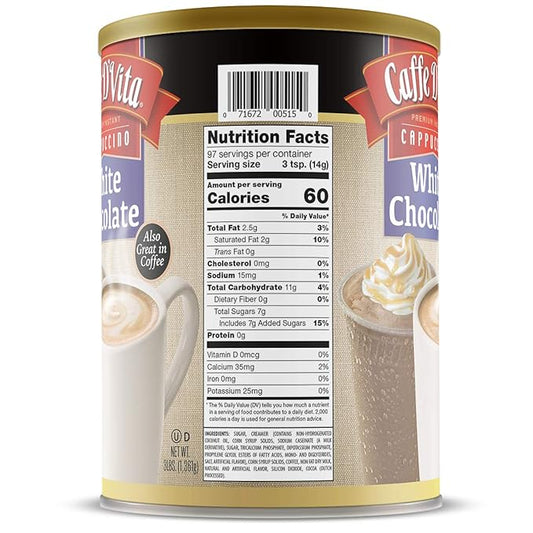 Caffe D'Vita White Chocolate Cappuccino Mix - White Chocolate Powder, Gluten Free, No Cholesterol, No Hydrogenated Oils, No Trans Fat, 99% Caffeine Free, Instant Cappuccino Mix - 3 Lb Can