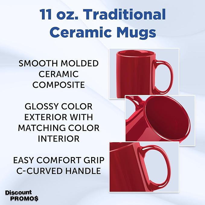 DISCOUNT PROMOS Ceramic Coffee Mugs 11 oz. Set of 10, Bulk Pack - Coffee cup set, Iced coffee cup, Gaming mug - Red