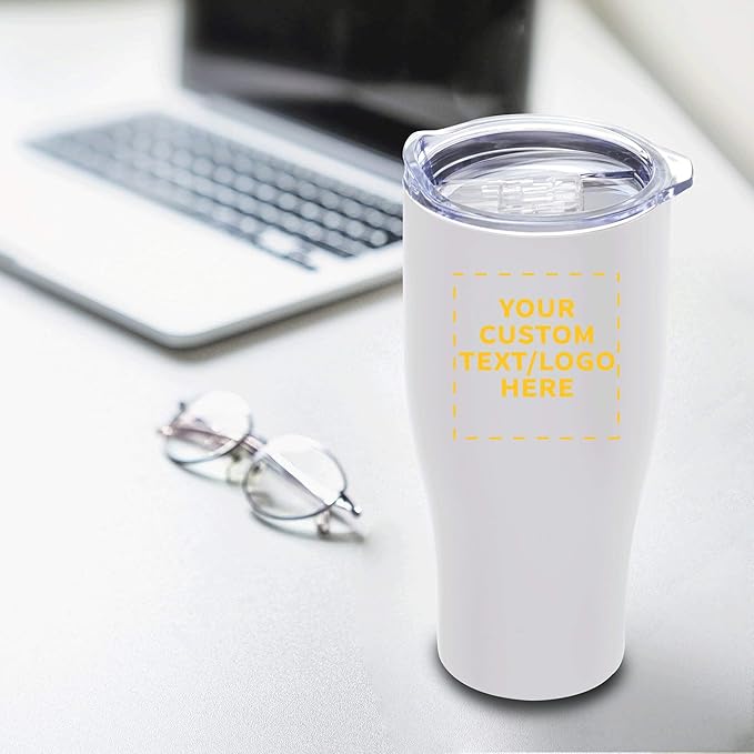 Custom Stainless Steel Grip Travel Mugs 27 oz. Set of 10, Personalized Bulk Pack - Perfect for Coffee, Soda, Other Hot & Cold Beverages - White