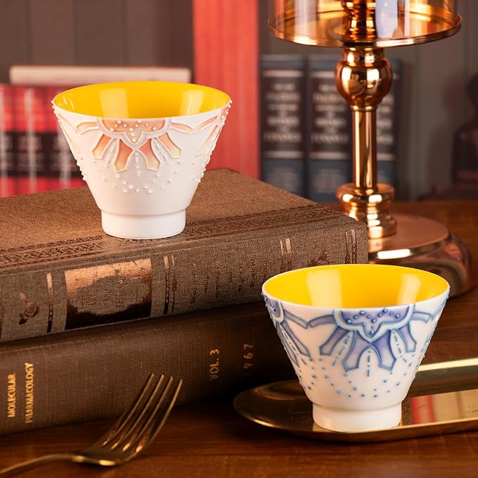 KAMMAK Ceramic Teacups - 150ml/5oz Coffee Cup - Set of 2 Hand-Painted Ceramic Cups - Small Vintage Mate Cup - Cute Mugs for Women - Ideal for Birthday, Afternoon Tea & Housewarming Gifts