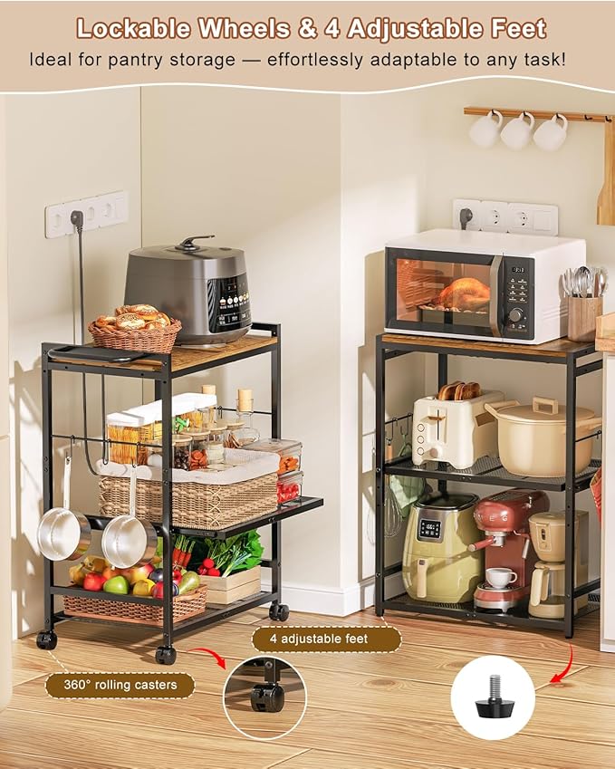 Kitchen Cart with Adjustable Shelves 3-Tier, Rolling Microwave Cart with Push Handle, Microwave Storage Stand with Drawer Slider Shelf, Utility Cart for Kitchen, Restaurant, Living Room, Office