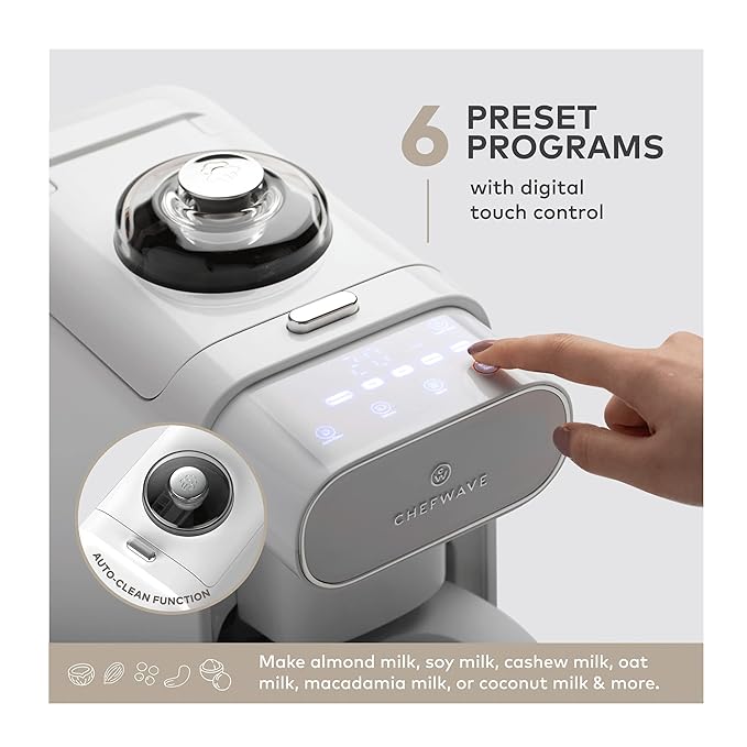 ChefWave Milkmade Soy Milk Maker – 6-in-1 Plant-Based Milk Machine for Almond, Oat, Soy, Cashew, Coconut & Macadamia – No Soaking, Auto-Clean, Delay Start, Glass Pitcher – White