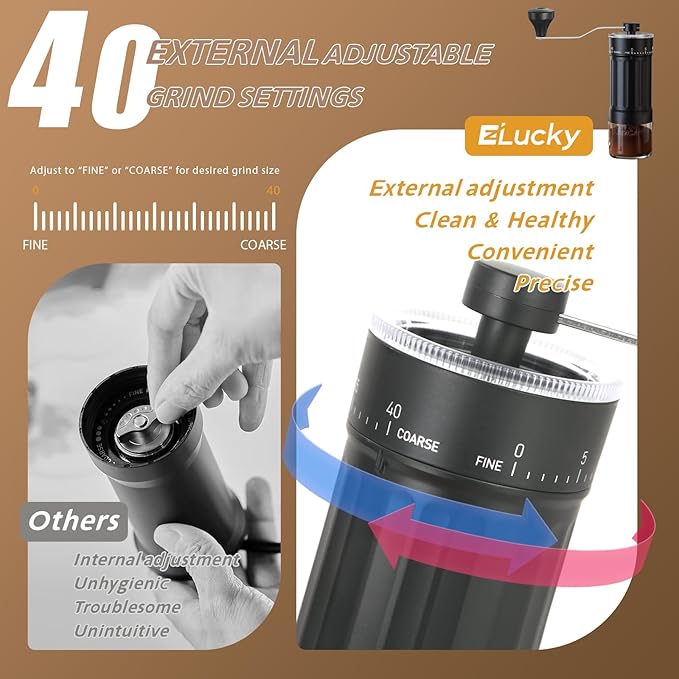 EZLucky Manual Coffee Grinder with 40 External Adjustments, 30g Capacity Hand-Crank Bean Mill, Compact Conical Burr Grinder for Espresso, Pour Over, French Press, Travel/Camping/Office