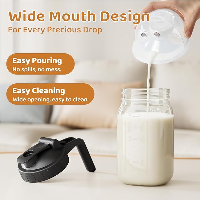 Breast Milk Pitcher, Mason Jar 32 oz, Wide Mouth Jar with Green Flip Cap Lid and Pour Spout, Heavy Duty Airtight Seal for Freshness and Convenience, Great for Cold Beverages and Home Entertaining