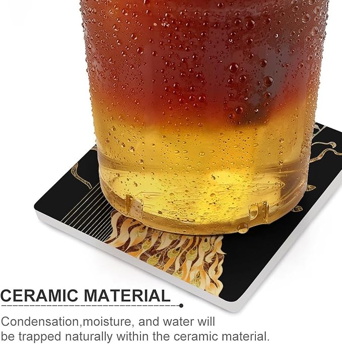 Square-6PCS Peacock Ceramic Coasters, Square Absorbent Drink Coasters, Vintage Tree Branch Beautiful Gold Peacock Ceramic Table Coasters for Coffee, Beverage, Wine, Beer Coasters