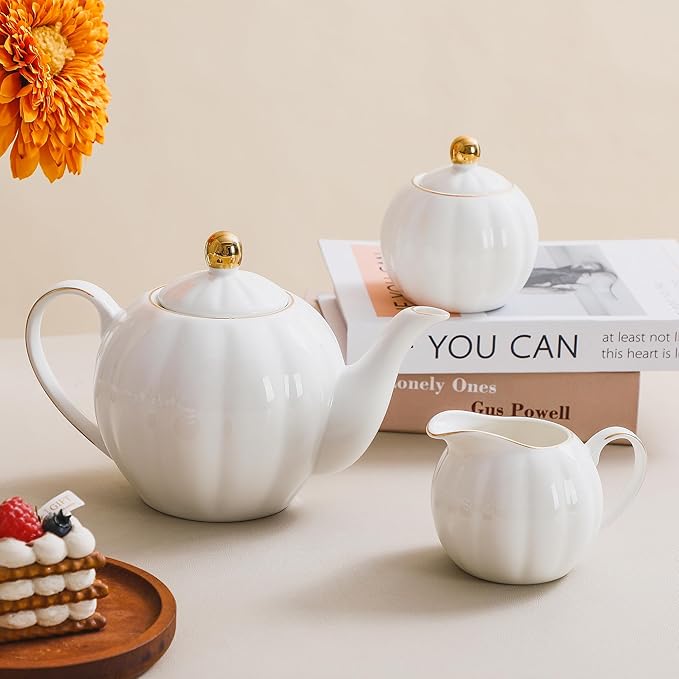36oz White Porcelain Teapot with Gold Trim, Large Ceramic Teapot for Loose Leaf Tea & Tea Bags, Elegant Tea Party, Gift for Tea Lovers, Classic Design