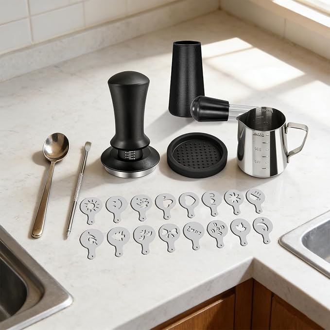 Espresso Tamper Set with Milk Pitcher, Coffee Art Pen, Stirring Spoon, Tamper Mat & 16 Stencils - Barista Tools Kit for Latte Art & Espresso Making (7 SET)