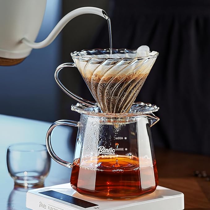 Bincoo Pour Over Coffee Maker Set, V-shape 60° Cone Drip Coffee Maker, Included 16oz Borosilicate Glass Coffee Carafer and Size 02 Coffee Dripper & 50 Pcs Paper Filter (16oz-Clear)