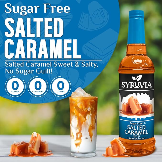 Syruvia Sugar-free Salted Caramel - 25.4 fl oz. Premium Coffee Flavoring Syrup. 0 Calories, Kosher, and Gluten-Free. Perfect for Drinks, Sodas, Shakes, Desserts, and More With Pump (Pack of 3)