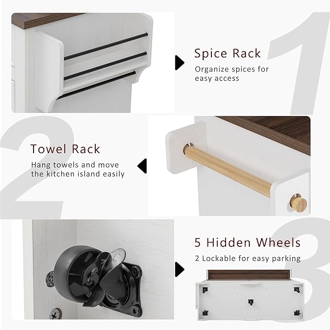 Rolling Kitchen Island with Two-Tier Bar Counter and Power Outlets, 3 Drawers & 4 Door Shelves, Mobile Kitchen Cart with Storage Cabinets & Locking Wheels for Dining Room & Kitchen, 53-Inch, White