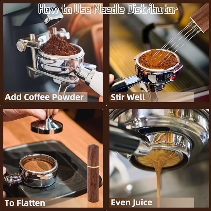 Espresso Coffee Stirrer, Espresso Distribution Tool Coffee Stirring Tool,Professional Barista Hand Needle Type Distribution Tool 5 Needles 0.4mm Natural Wood Handle and Stand