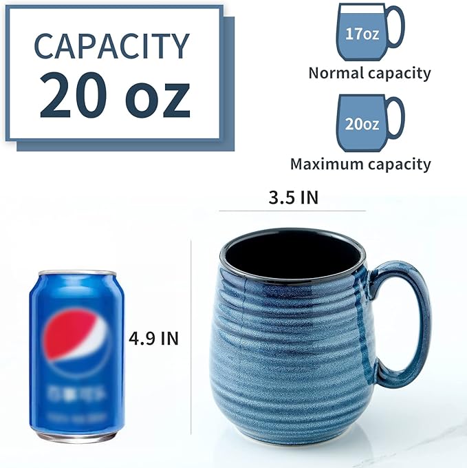 HASENSE Large Coffee Mugs Set of 2, Porcelain 20 oz Coffee Cups for Office and Home, Modern Coffee Mug with Big Handle for Latte Coffee Tea Soup as Friend Gifts, Dishwasher and Microwave Safe, (Blue)