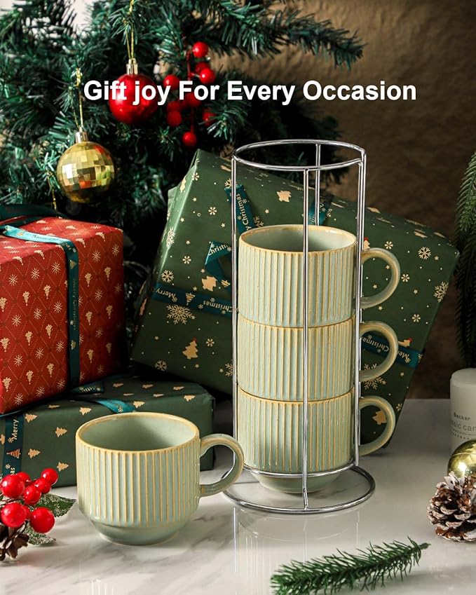 HASENSE Ceramic Coffee Mugs Set of 4 with Rack - 15 oz Stackable Large Porcelain Ribbed Latte Cup Set for Cappuccino, Tea, Hot Cocoa, Drinks - Dishwasher & Microwave Safe, Green Earth
