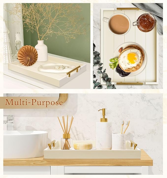 Ottoman Tray for Coffee Table & Couch, Large Wooden Serving Tray with 2 Set of Handles - Modern Farmhouse Rectangle Decorative Tray for Living Room Kitchen Includes 4 Coasters, Off-White/Cream