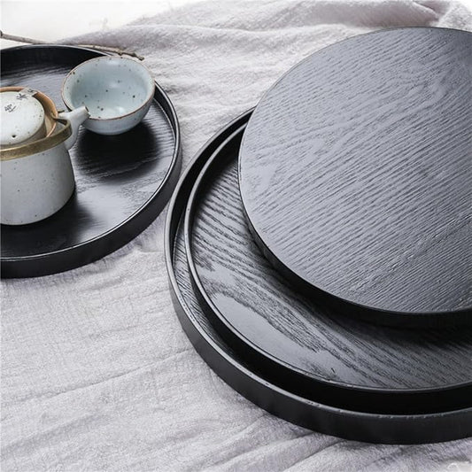Round Solid Wood Serving Tray Extra Large Tea Coffee Snack Food Meals Serving Plate Non-Slip Kitchen Party Bar Server Ottoman Tray Breakfast Tray with Raised Edges (13inch/33cm) Black