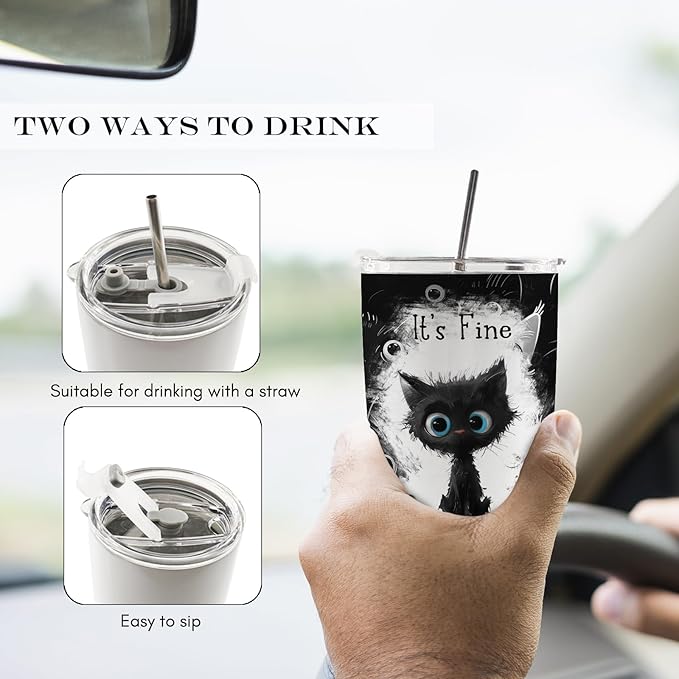 Cat Gifts for Cat Lovers, Funny Black Cats 20oz Travel Coffee Mug Tumbler, Im Fine Everythings Fine Stainless Steel Tumbler with Lid and Straw