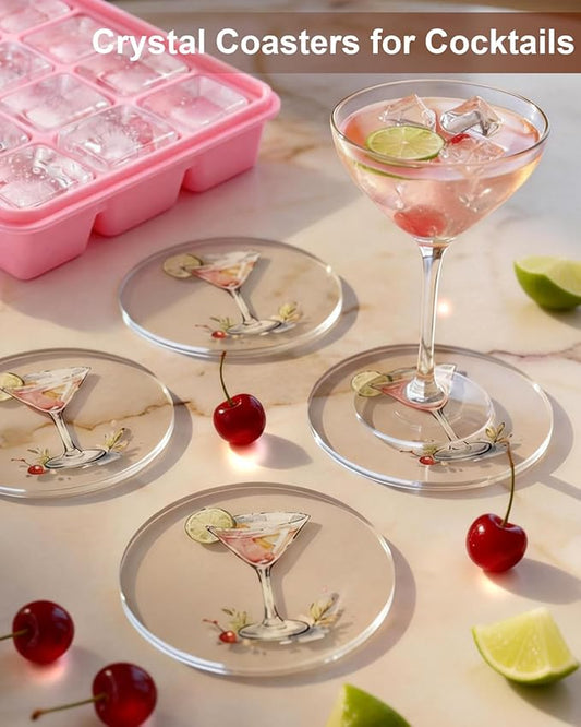 Acrylic Coasters Set of 4, Bar Drink Coasters for Cocktails, Whiskey, Coffee, Clear Modern Drink Coasters for Home Bar, Coffee Table & Office Desk, Cold Drinks, Office Decor, Non-Scratch & Easy Clean