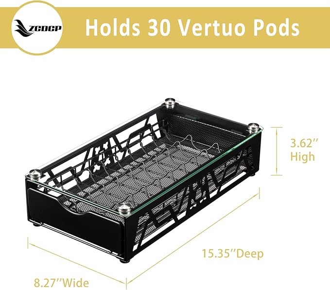 ZCDCP Pod Holder - Modern Sleek Black Metal Capsule Organizer for Nespresso Pod Storage Glass Top, Stylish Coffee Machine Stand for Coffee Bar, Office or Home Kitchen(30 Pods Capacity)
