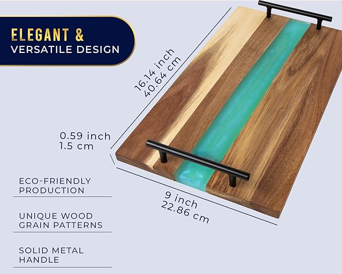 Comfify Visually Stunning Celeste Blue Resin + Acacia Wood Serving Board with Handles - 16x9 Serving Tray for Food, Breakfast in Bed, Coffee Table, Decor, Organization, Snacks, Patio, Lap Tray
