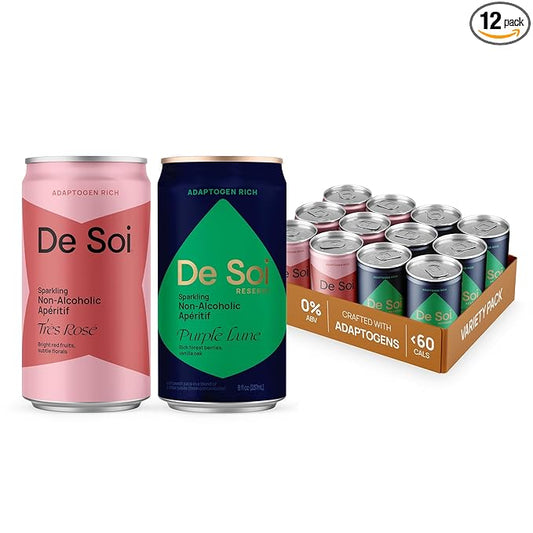 De Soi Wine Sampler (Tres Rose + Purple Lune) Mocktails NA Drinks 12-pack Adaptogen Drink, Sparkling Drink with Calming Botanicals, Mocktails Drinks, Gluten Free, No Artificial Flavors