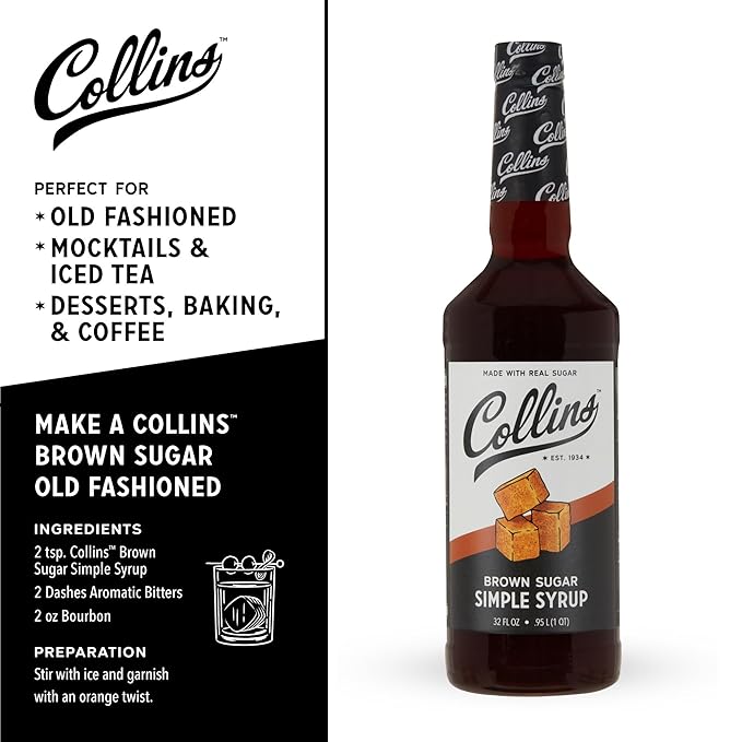 Collins Brown Sugar Syrup - Simple Syrup for Cocktails, Brown Sugar Coffee Syrup - Cocktail Syrup 32oz Set of 1