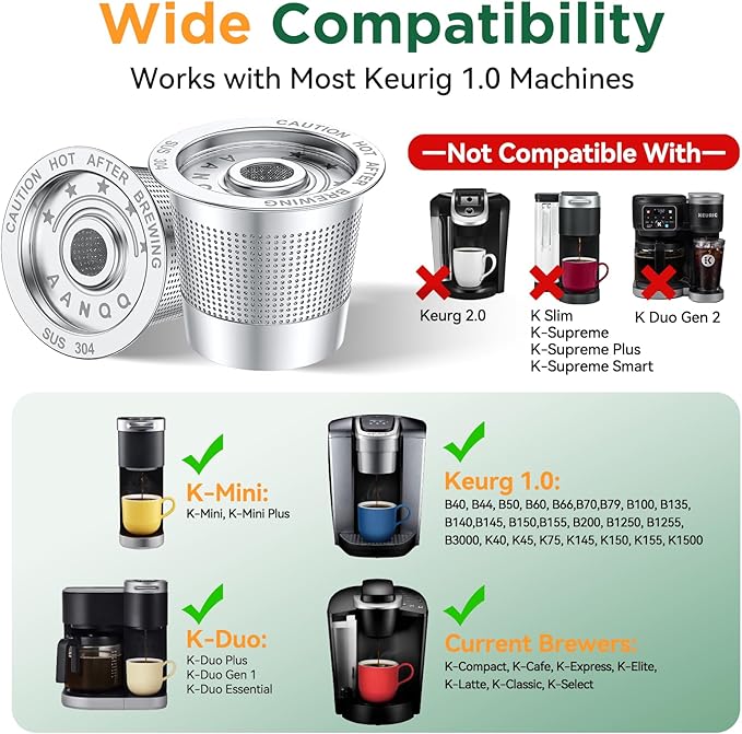 AANQQ Reusable K Cups for Keurig: 4-Pack Upgraded Dual-Layer Mesh Stainless Steel K Cup - Refillable Metal Coffee Pods Filter Fit Keurig 1.0 Coffee Maker - Richer Coffee/NO-Residue/Eco-Friendly