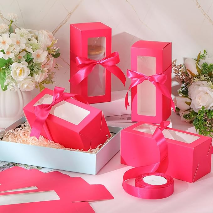 Honoson 24 Pcs Tumbler Gift Box with Ribbon for Sublimation Glass Exhibition Boxes Transparent for 12oz 16oz 20oz Drinking Cup Glasses Jars Mug Can Blanks(Hot Pink)
