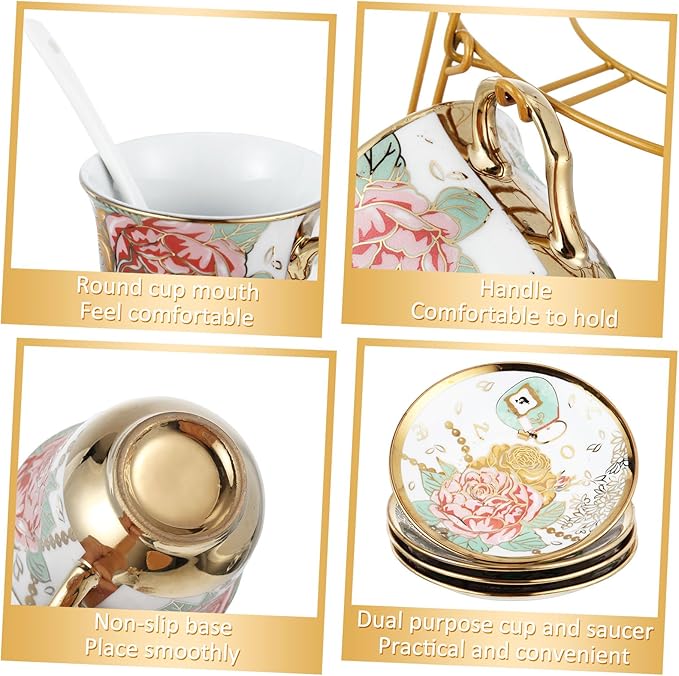 Zhehao 20 Pcs Porcelain Tea Set with Metal Holder and Spoon Adult Ceramic Tea Set European Flower Painting Teapot Cup Saucer Spoon for Women, Large Version (Bright Style)